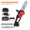 12-inch cordless chainsaw with 21V battery, charger, and safety accessories laid out