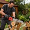 Man wearing safety glasses using cordless 12-inch chainsaw to cut wood log in backyard garden
