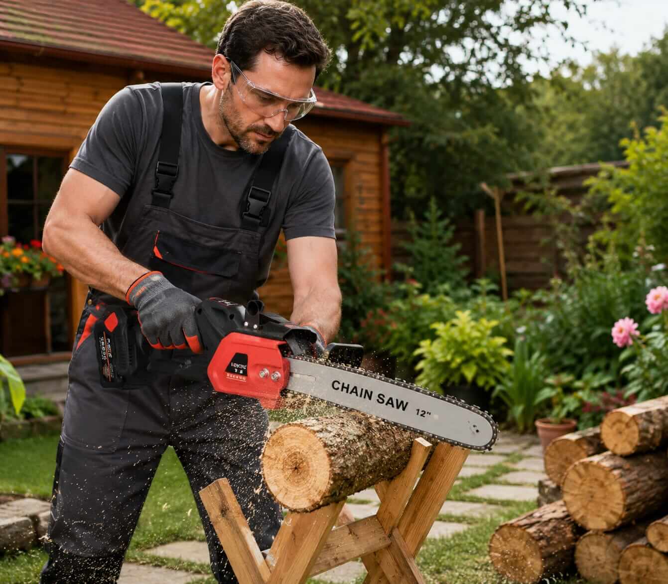 Man wearing safety glasses using cordless 12-inch chainsaw to cut wood log in backyard garden