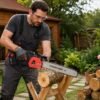 Man wearing safety glasses using cordless 12-inch chainsaw to cut wood log in backyard garden