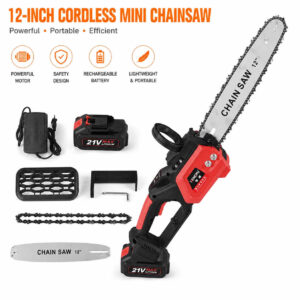 12-inch cordless mini chainsaw with 21V battery, charger, and accessories for tree trimming