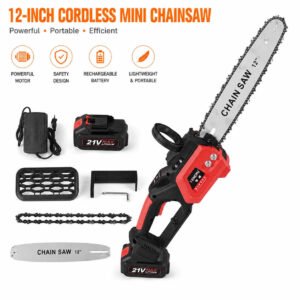 12-inch cordless mini chainsaw with 21V battery, charger, and accessories for tree trimming
