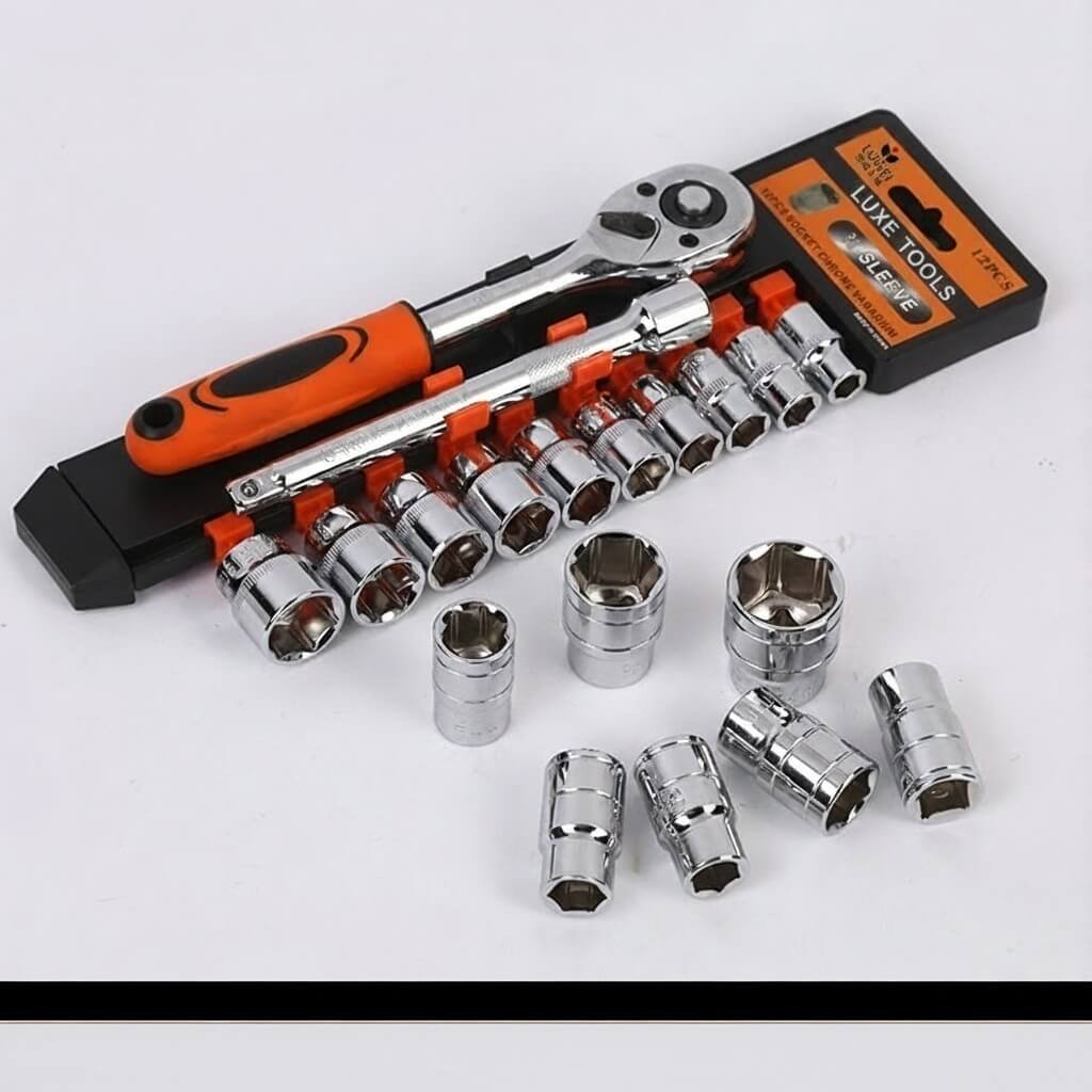 12-Piece Professional Socket Wrench Set 12-piece professional socket wrench set with ratchet handle and chrome sockets for automotive repair