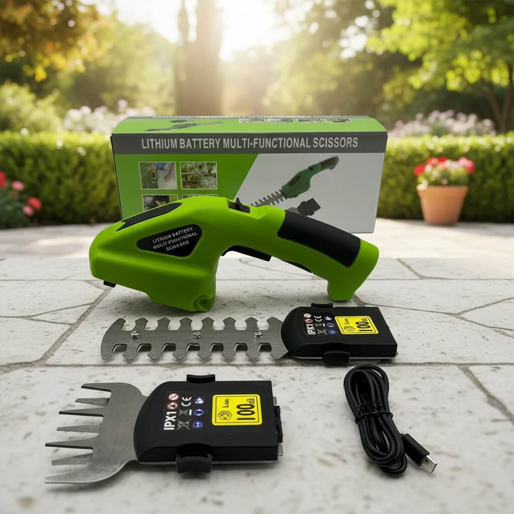 2-in-1 Cordless Hedge Shears - Complete Kit 2-in-1 cordless electric hedge shears kit with grass and shrub cutting attachments, battery, and charger