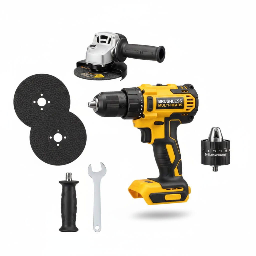20V brushless cordless multi-tool with interchangeable drill and angle grinder attachment heads