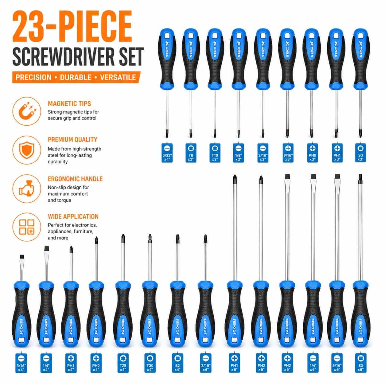 23-piece screwdriver set showing various precision bit heads including T8, T10, Phillips, and flathead tips