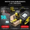 3-in-1 Digital Tape Measure - Feature Overview 3-in-1 digital tape measure showing laser mode, physical tape mode, and digital display features