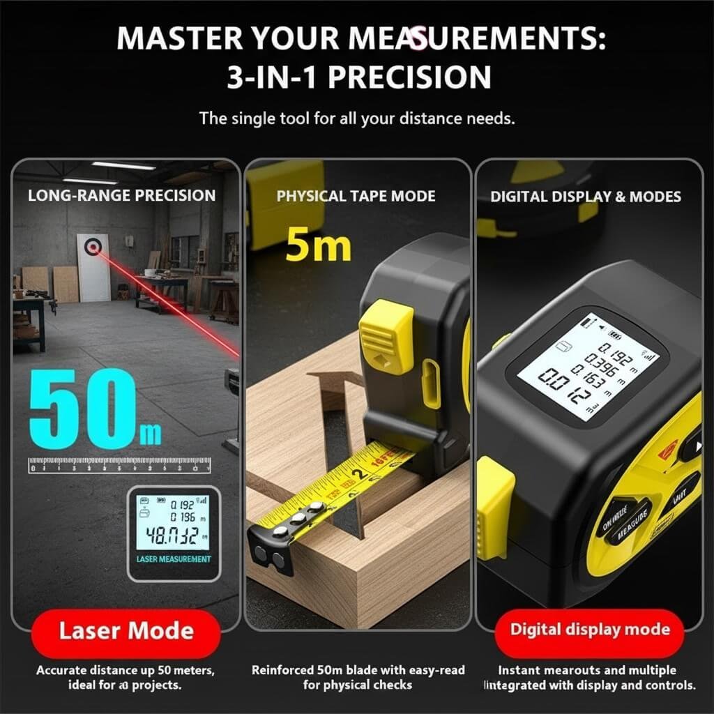 3-in-1 Digital Tape Measure - Feature Overview 3-in-1 digital tape measure showing laser mode, physical tape mode, and digital display features