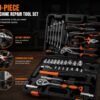 80-Piece Mechanic Tool Set - Feature Breakdown 80-piece mechanic tool set featuring ratchet wrench, combination pliers, and screwdrivers with detailed feature callouts