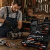 80-Piece Mechanic Tool Set In Use - Garage Repair Mechanic using 80-piece tool set to repair engine transmission in home garage workshop