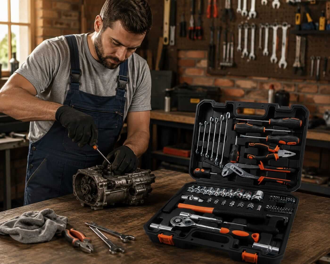 80-Piece Mechanic Tool Set In Use - Garage Repair Mechanic using 80-piece tool set to repair engine transmission in home garage workshop