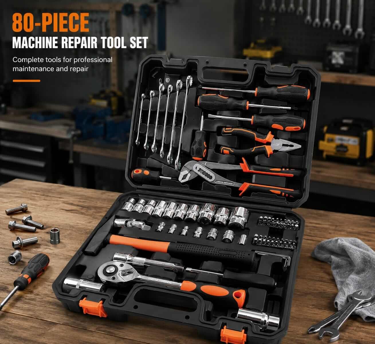 80-Piece Mechanic Tool Set - Machine Repair 80-piece professional mechanic tool set with wrenches, pliers, screwdrivers, and sockets in storage case