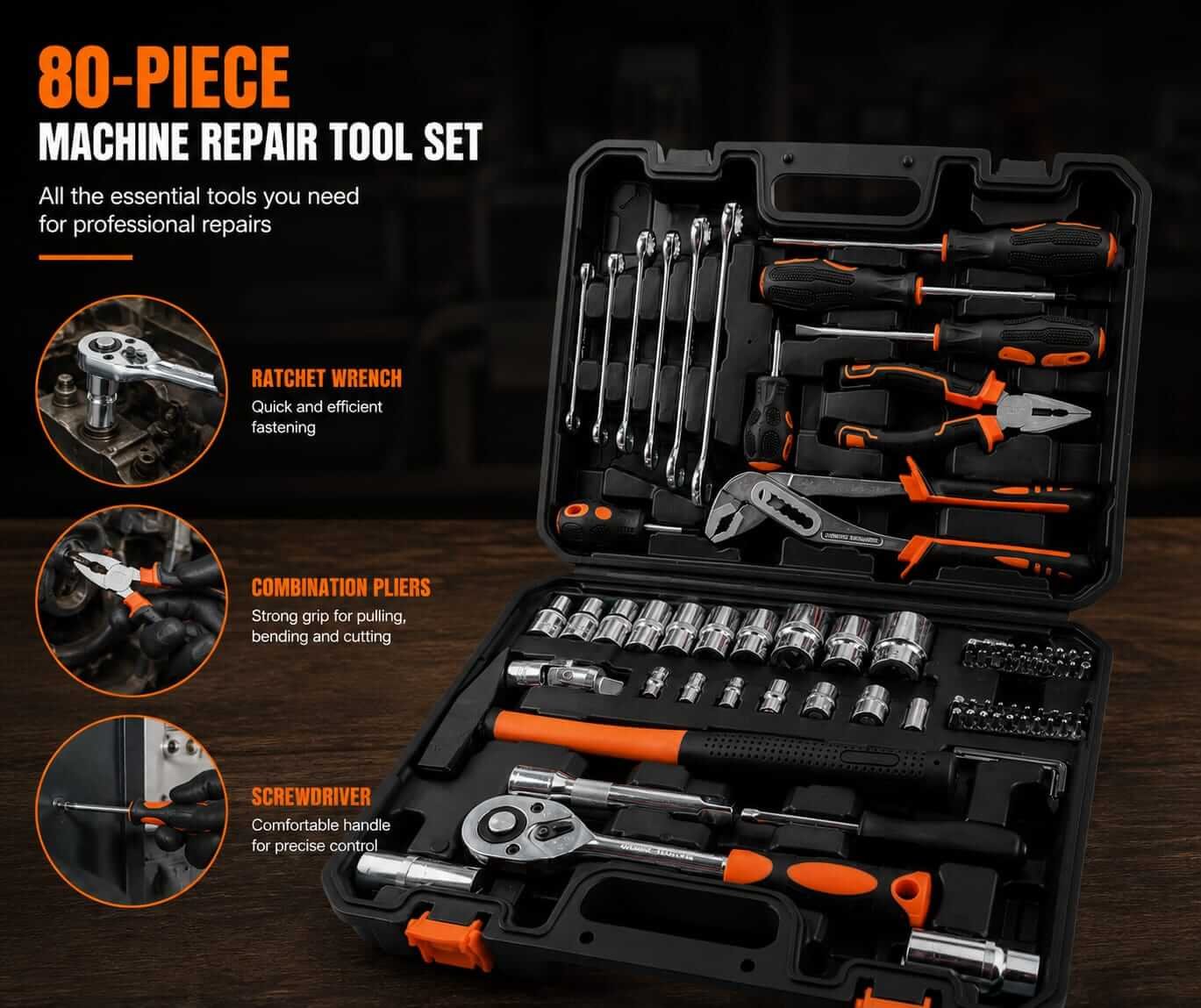 80-Piece Mechanic Tool Set - Feature Breakdown 80-piece mechanic tool set featuring ratchet wrench, combination pliers, and screwdrivers with detailed feature callouts