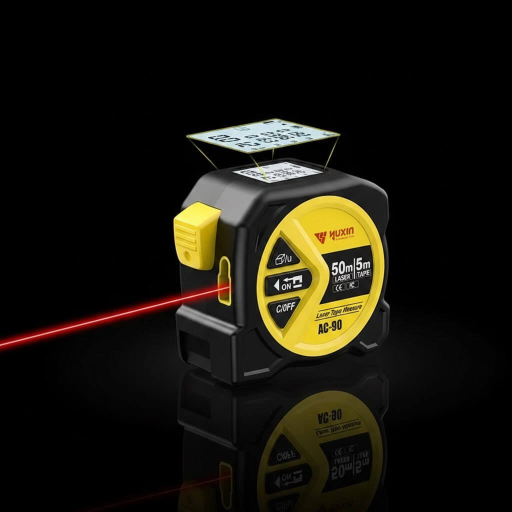 Laser Tape Measure - Precision Distance Display Digital laser tape measure emitting red laser beam with 50m and 5m measurement modes displayed