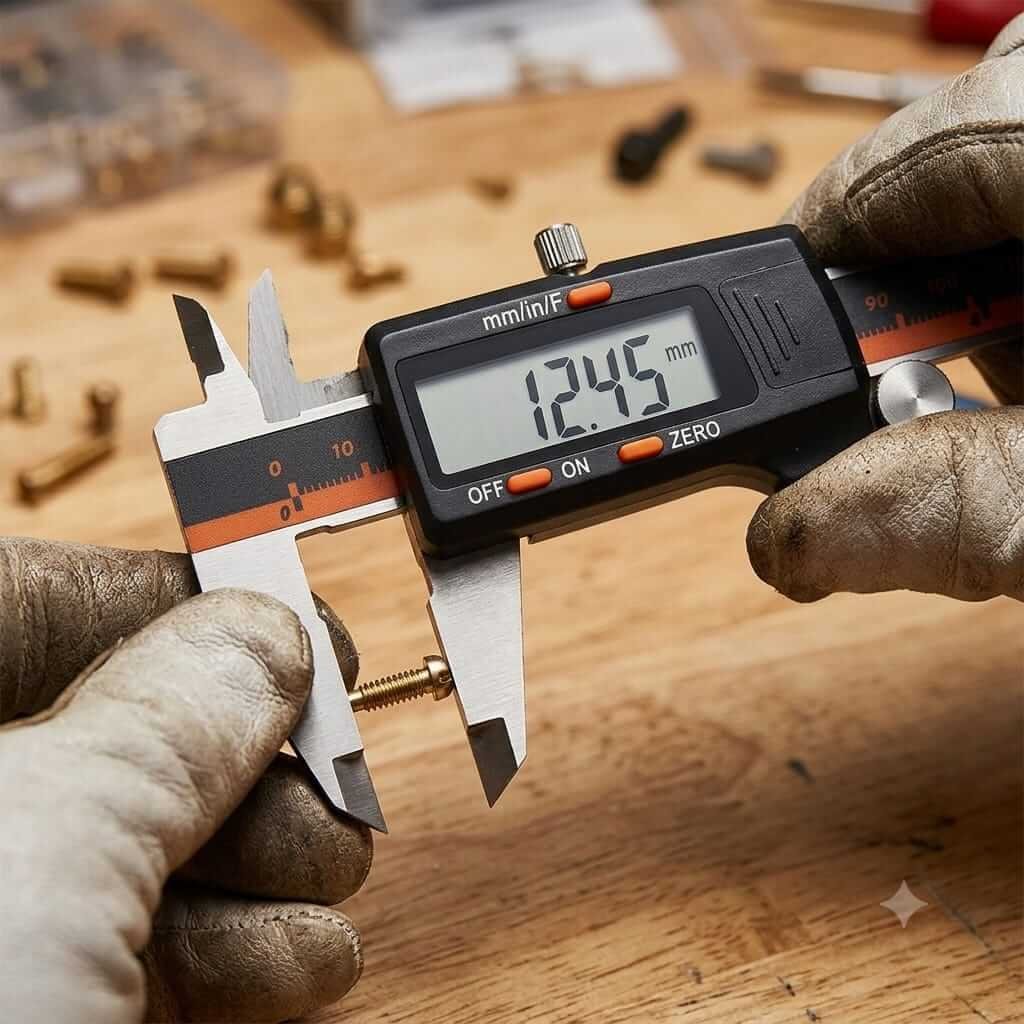 Digital Caliper In Use - Precision Measuring Hand using digital caliper to measure screw diameter with precise 12.45mm reading