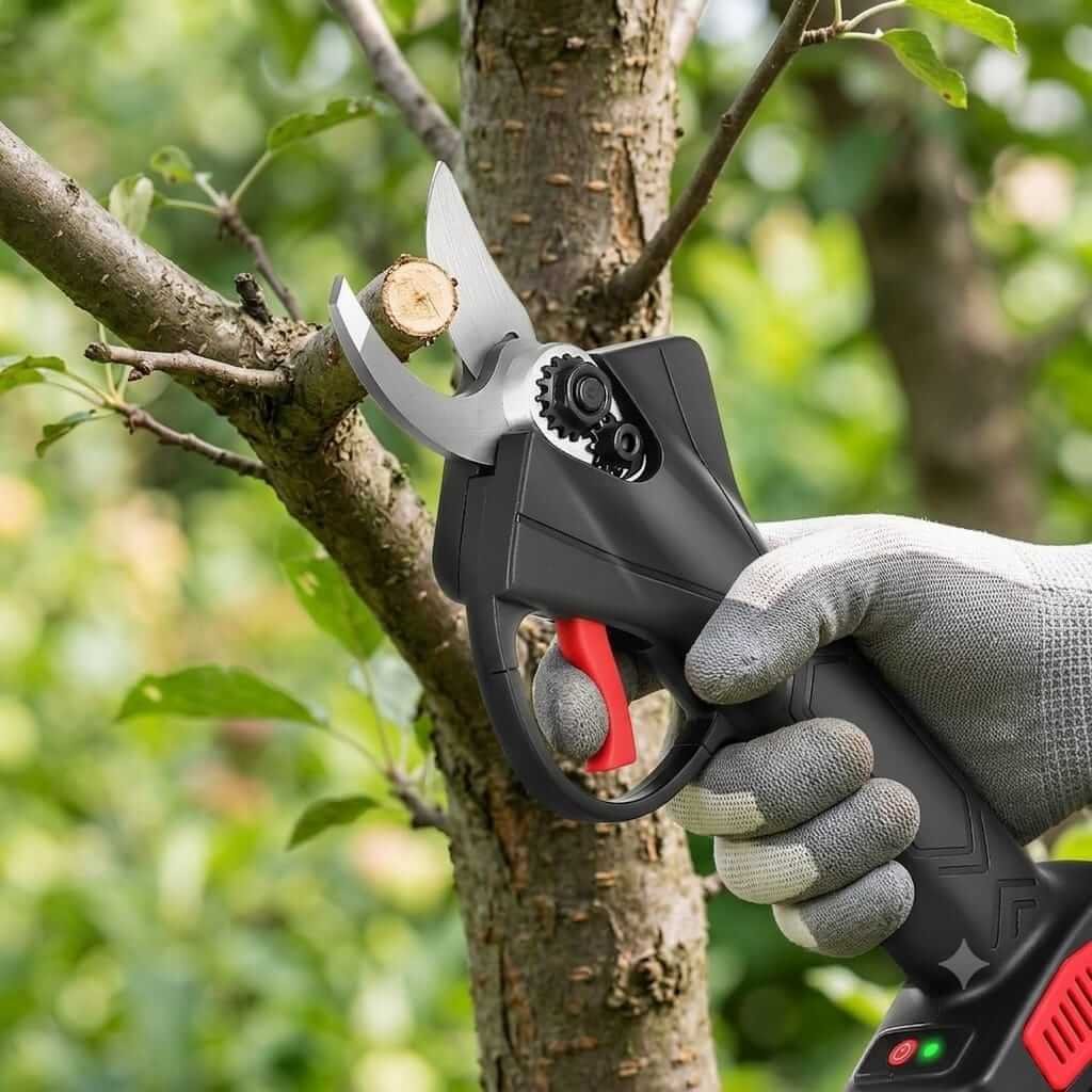 Cordless Electric Pruning Shears In Use Gloved hand using cordless electric pruning shears to cut through thick tree branch effortlessly