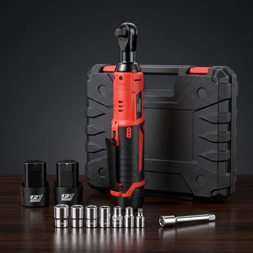 Cordless electric ratchet wrench set with carrying case, two 12V batteries, and socket attachments