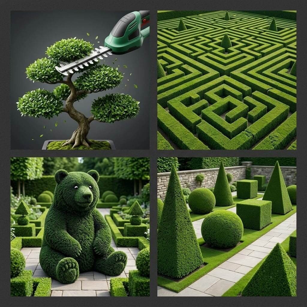 Cordless Hedge Shears - Precision Topiary Shaping Examples of precision topiary shapes achievable with cordless hedge shears - bonsai, geometric hedges, and sculpted bushes