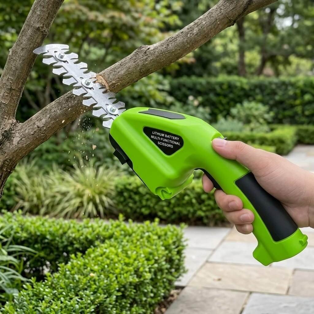 Cordless Shrub & Grass Cutter In Use Hand using cordless shrub and grass cutter to trim tree branch with serrated blade