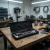 Digital caliper in carrying case on workbench in professional machine workshop with drill press
