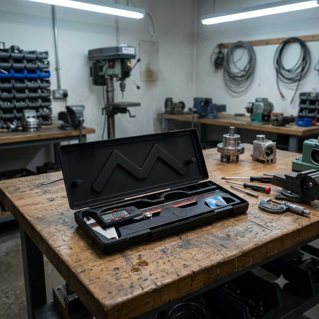 Digital caliper in carrying case on workbench in professional machine workshop with drill press