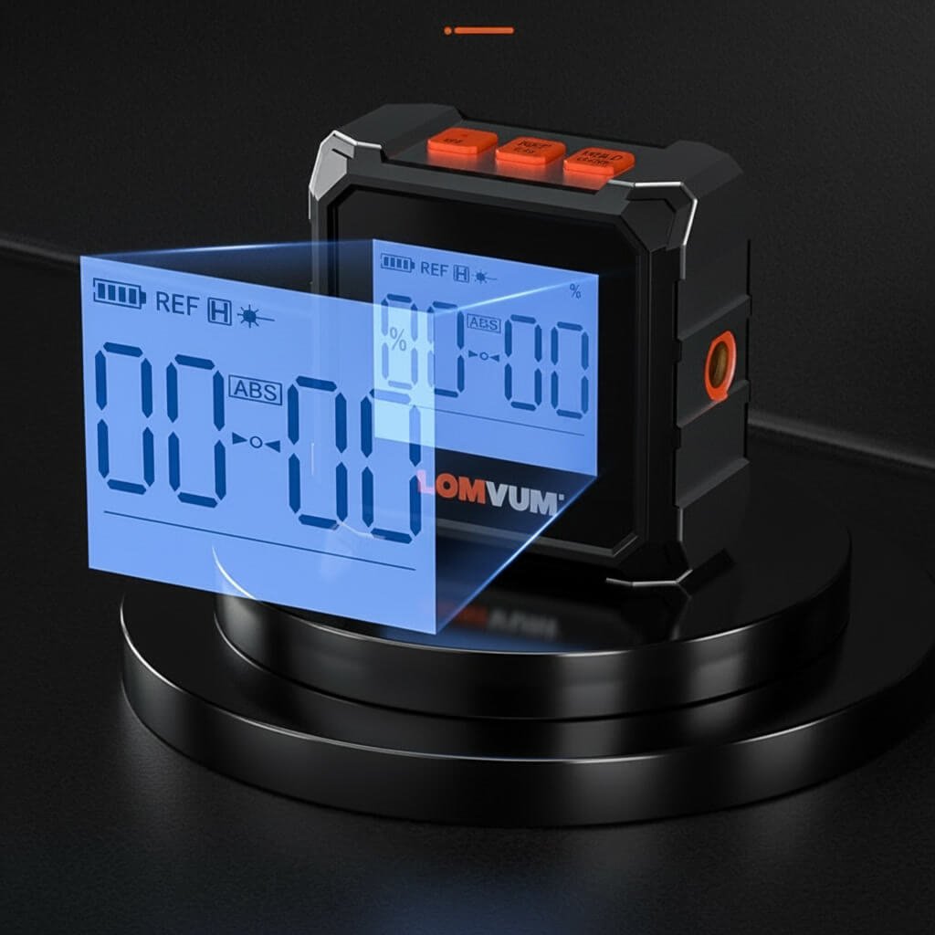 Digital Inclinometer Gauge - Display Detail Digital inclinometer gauge and electronic angle finder showing clear LCD readout display