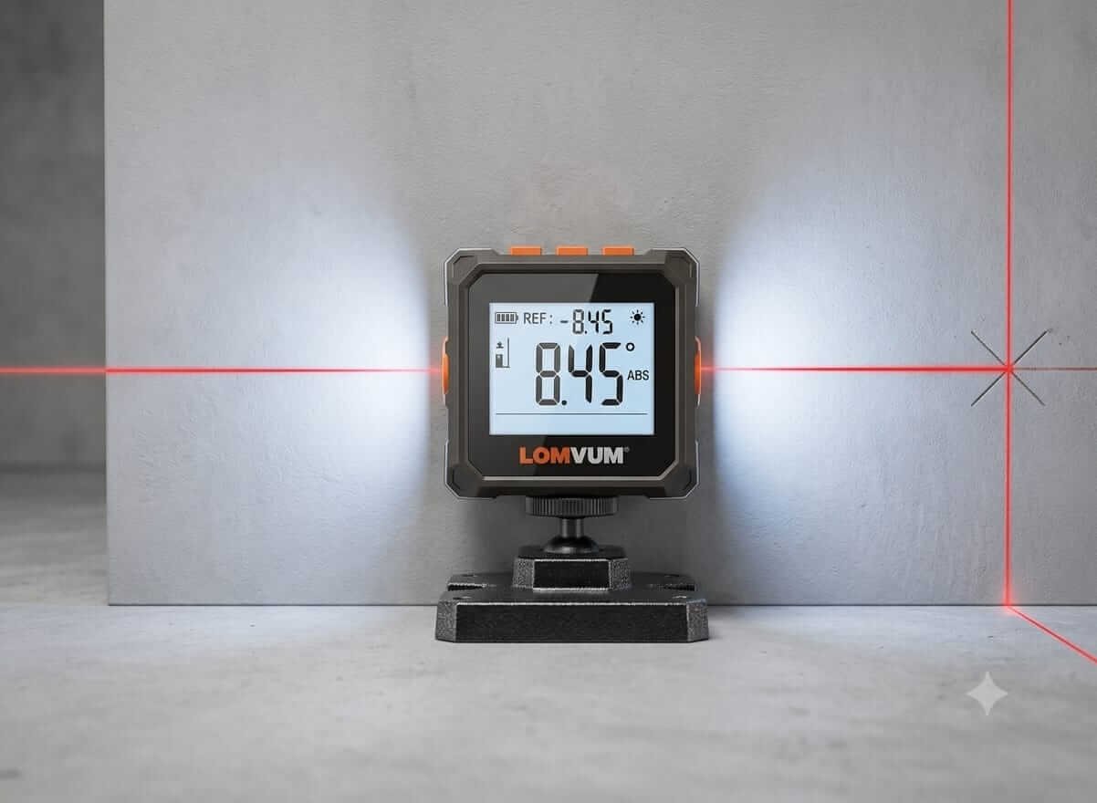 Digital Inclinometer - Laser Angle Measurement Digital inclinometer with red laser line measuring angle on wall and floor surface