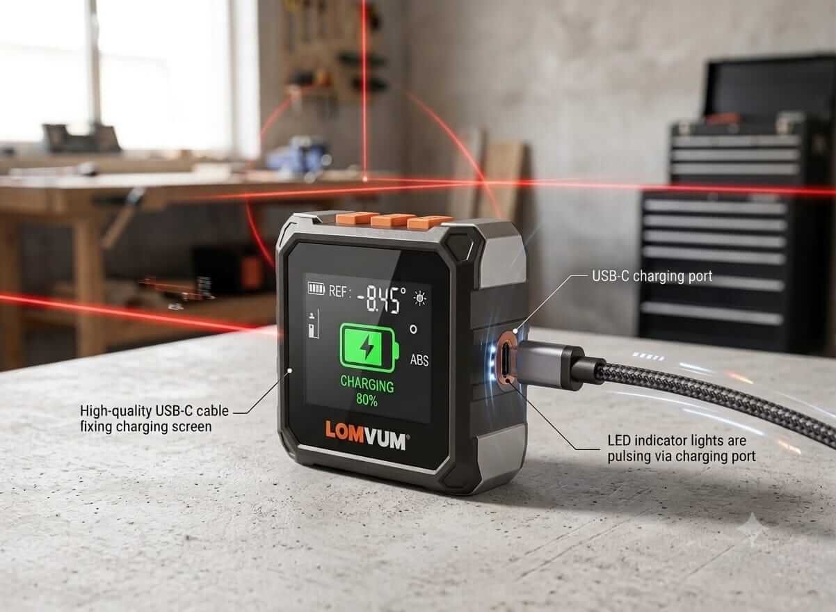 Digital Inclinometer - USB-C Charging Feature Digital inclinometer showing USB-C charging port with LED indicators and battery percentage display