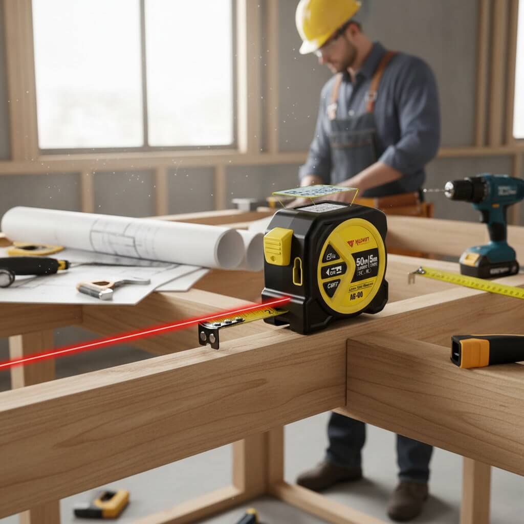 Digital Tape Measure In Use - Construction Work Construction worker using digital laser tape measure on wooden workbench with tools and blueprints