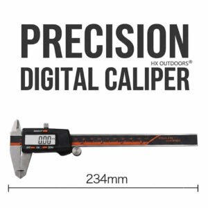 Precision digital caliper with stainless steel hardened jaws and LCD display showing 234mm measurement