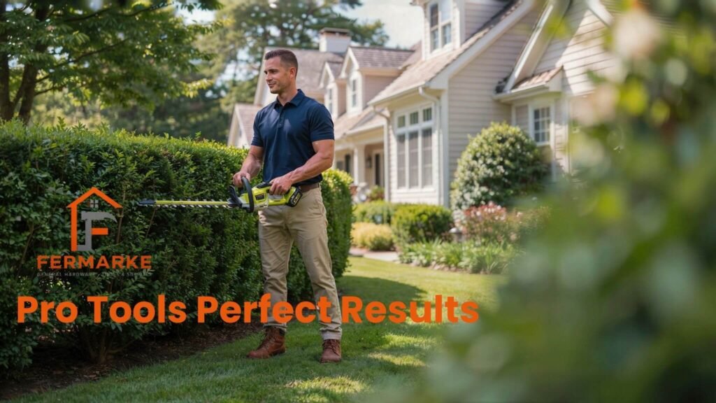 Man using a hedge trimmer in front yard – Fermarke Pro Tools Perfect Results