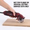 Handheld Power Saw - Surface Cutting Only Hand using handheld mini power saw to cut wood board with surface-cutting-only safety warning
