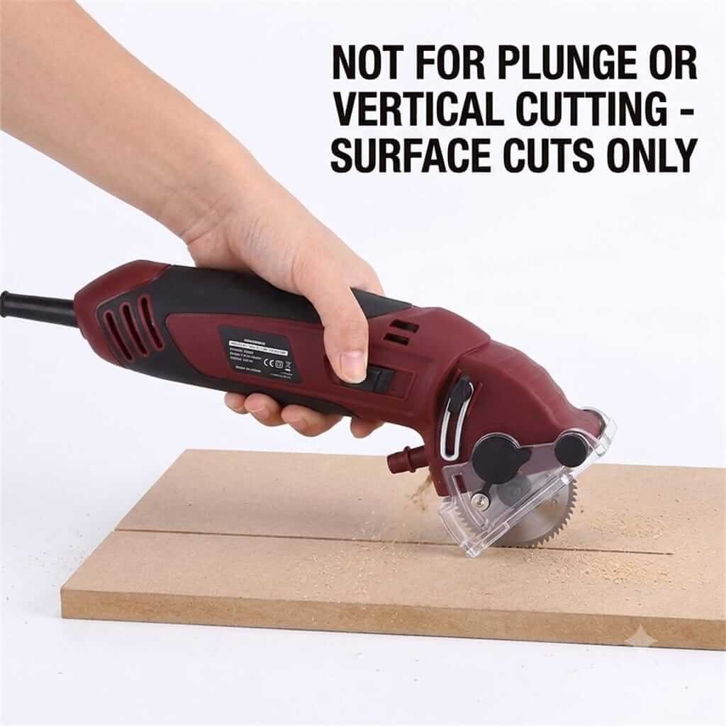 Handheld Power Saw - Surface Cutting Only Hand using handheld mini power saw to cut wood board with surface-cutting-only safety warning