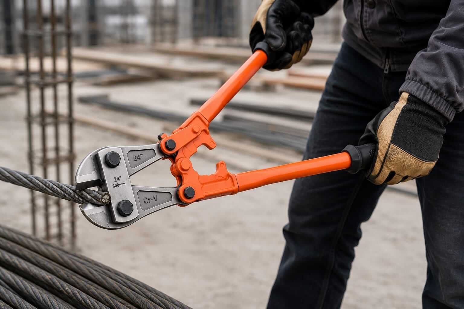 Heavy Duty Bolt Cutter Cutting Steel Wire Cable Worker using 24-inch heavy duty bolt cutter to cut steel wire cable on construction site