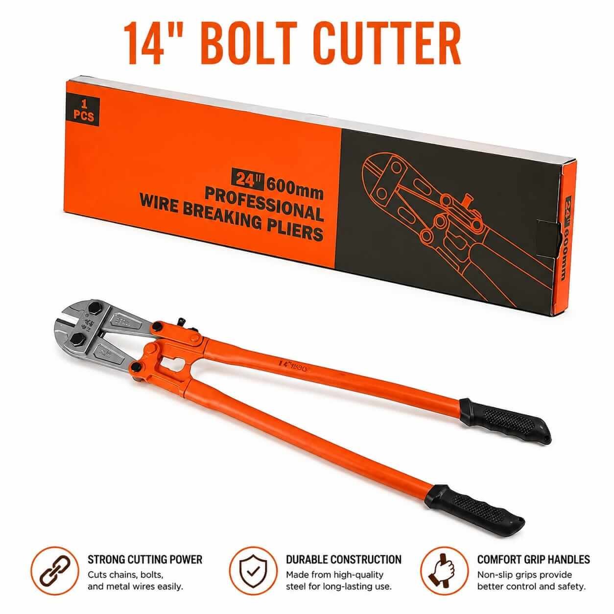 14" Bolt Cutter - Professional Wire Breaking Pliers 14 inch heavy-duty bolt cutter with retail packaging showing professional wire breaking pliers
