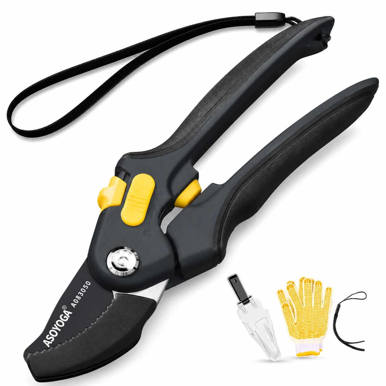 Heavy-Duty Bypass Pruning Shears - Close-Up Close-up view of heavy-duty bypass pruning shears with ergonomic yellow grip handle