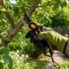 Heavy-Duty Garden Shears In Use Gloved hand using heavy-duty pruning shears to cut tree branch in garden