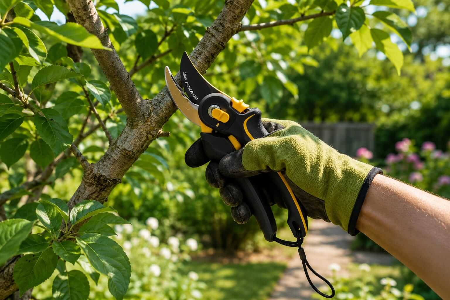 Heavy-Duty Garden Shears In Use Gloved hand using heavy-duty pruning shears to cut tree branch in garden