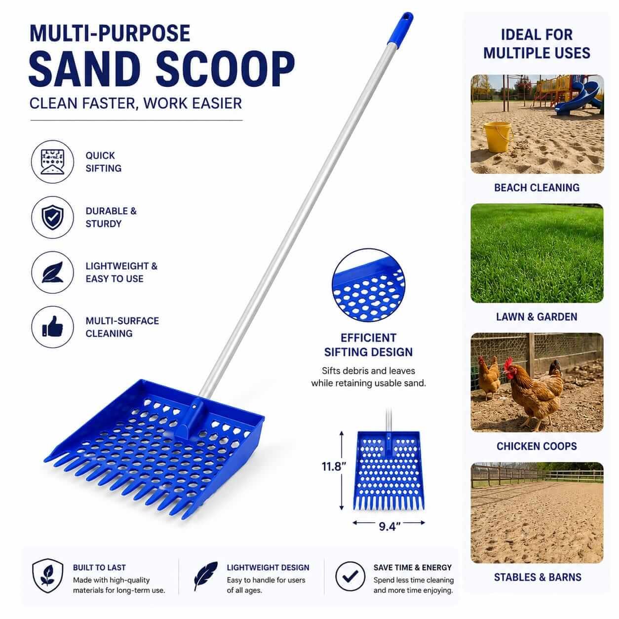 Heavy-Duty Sand & Rock Sifting Shovel - Multi-Purpose Multi-purpose sand sifting shovel scoop for beach cleaning, lawn care, and chicken coop maintenance