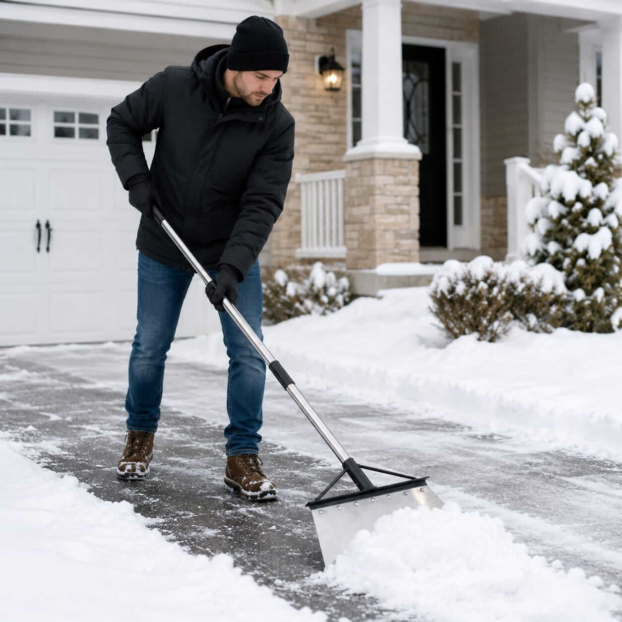 Heavy-Duty Scraper Shovel for Ice & Snow Person using heavy-duty steel scraper shovel to clear ice and snow from driveway