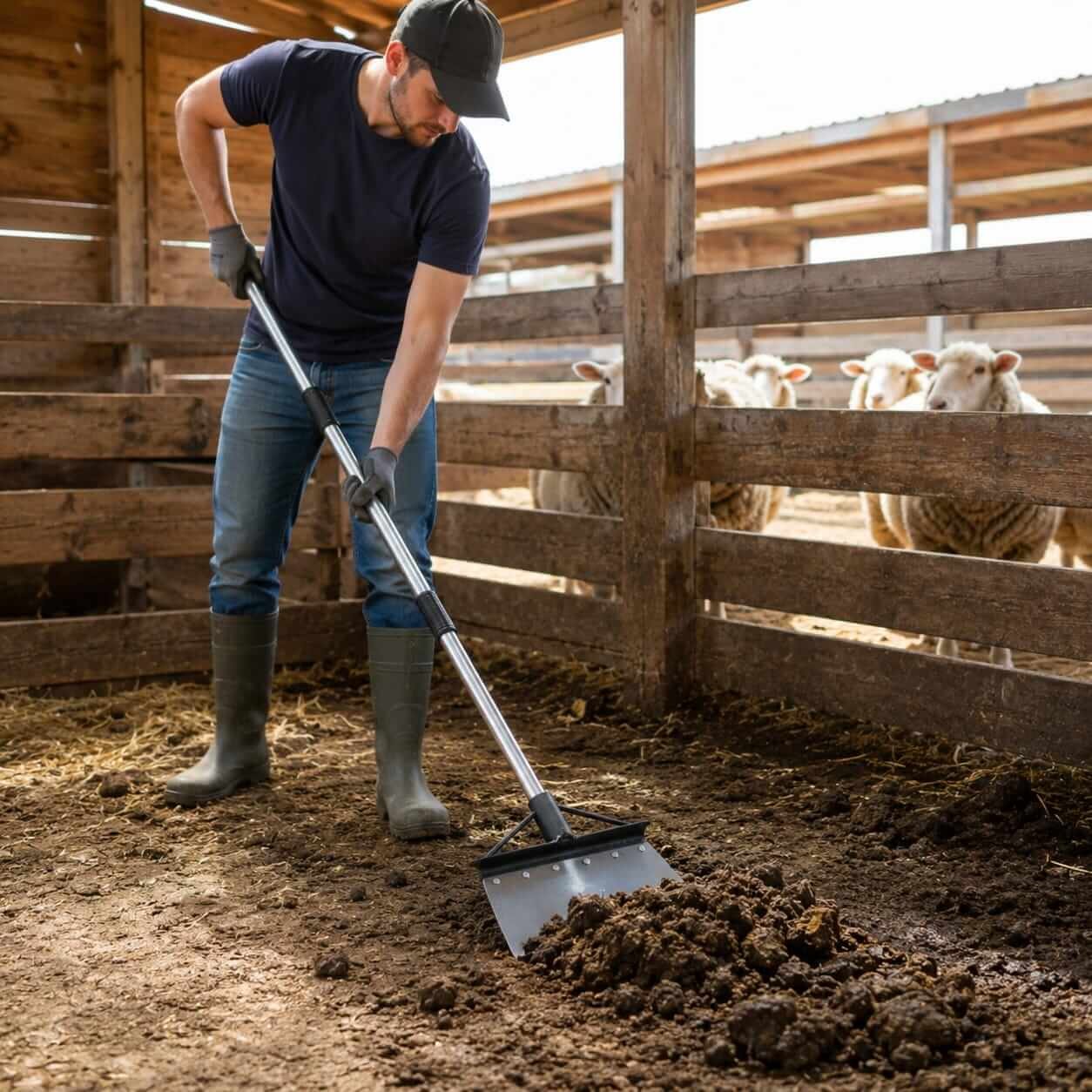 Heavy-Duty Scraper Shovel In Use Person using heavy-duty steel scraper shovel to clean barn floor with sheep in background