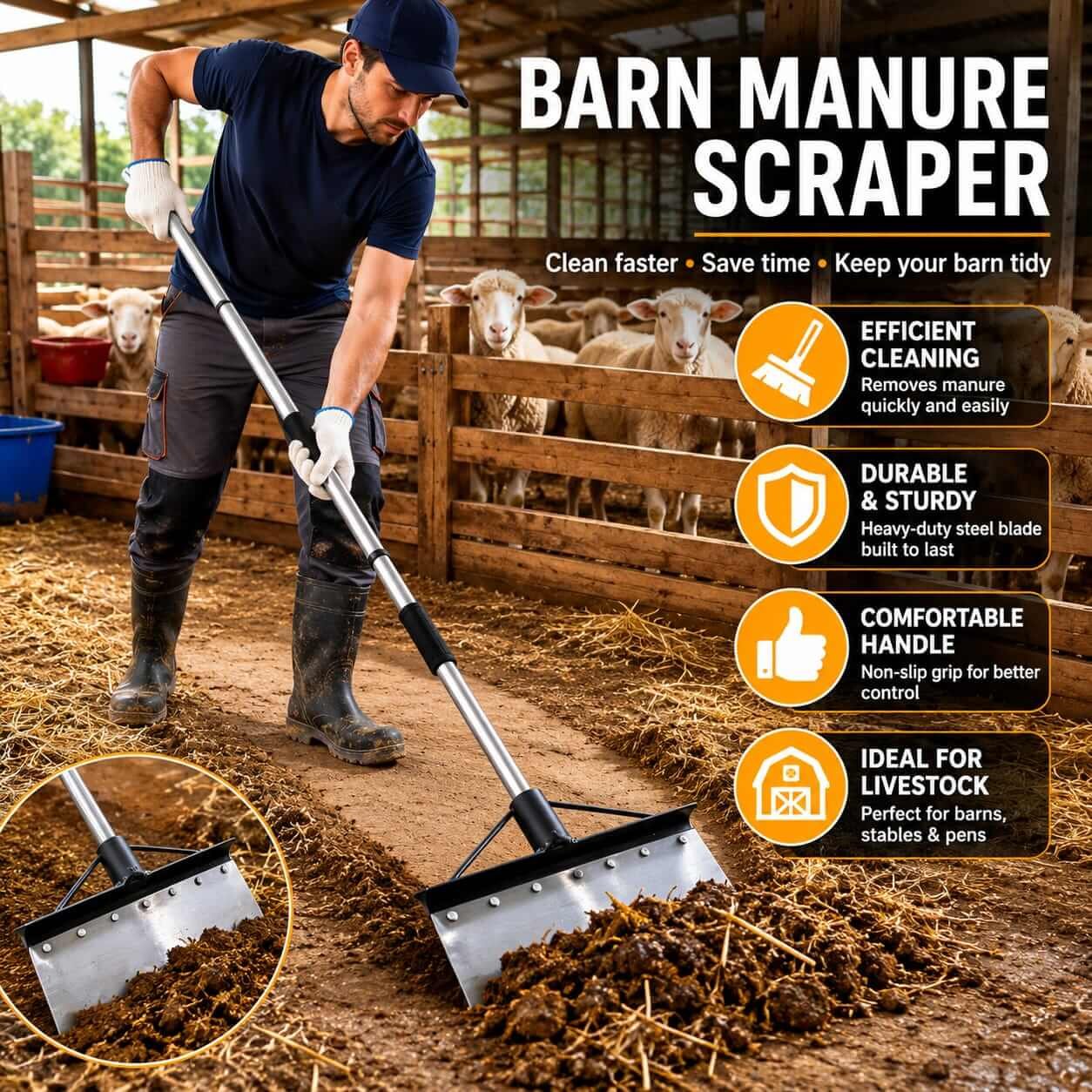 Heavy-Duty Steel Scraper Shovel - Barn & Ice Heavy-duty stainless steel scraper shovel for barn manure cleaning and ice/snow removal