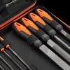 High-Grade File Set - Handle Detail Close-up of high-grade hand file set with orange ergonomic handles in zipped storage case
