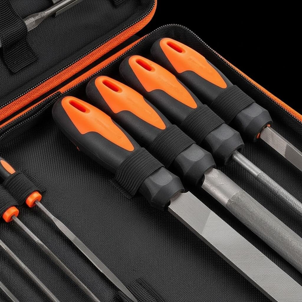 High-Grade File Set - Handle Detail Close-up of high-grade hand file set with orange ergonomic handles in zipped storage case