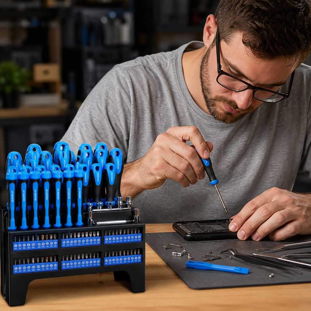 Man using magnetic screwdriver from precision set to repair electronic device