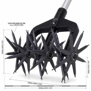 Manual garden cultivator with extra-wide rotary tines for soil aeration and weed removal