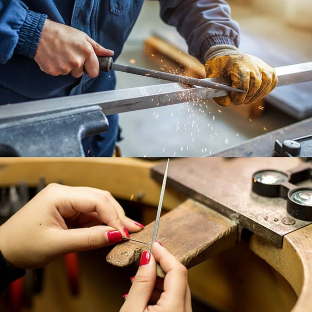File Set In Use - Metal & Wood Working Person filing metal and woman filing wood using professional hand file set