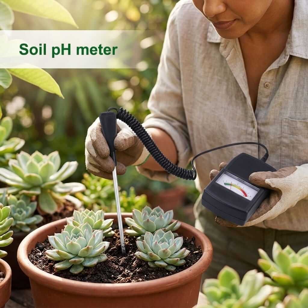 Soil PH Meter In Use - Plant Care Woman using soil pH meter to test moisture and acidity levels for potted succulent plants