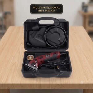 Compact handheld mini circular saw kit with hard carrying case, blade, and accessories