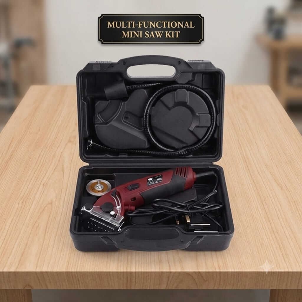 Multi-Functional Mini Circular Saw Kit Compact handheld mini circular saw kit with hard carrying case, blade, and accessories